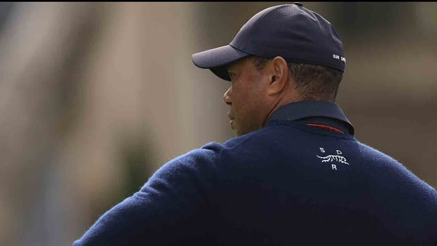 Tiger Woods waits to tee off during the second round of the 2024 Genesis Invitational at Riviera Country Club in Pacific Palisades, Calif.
